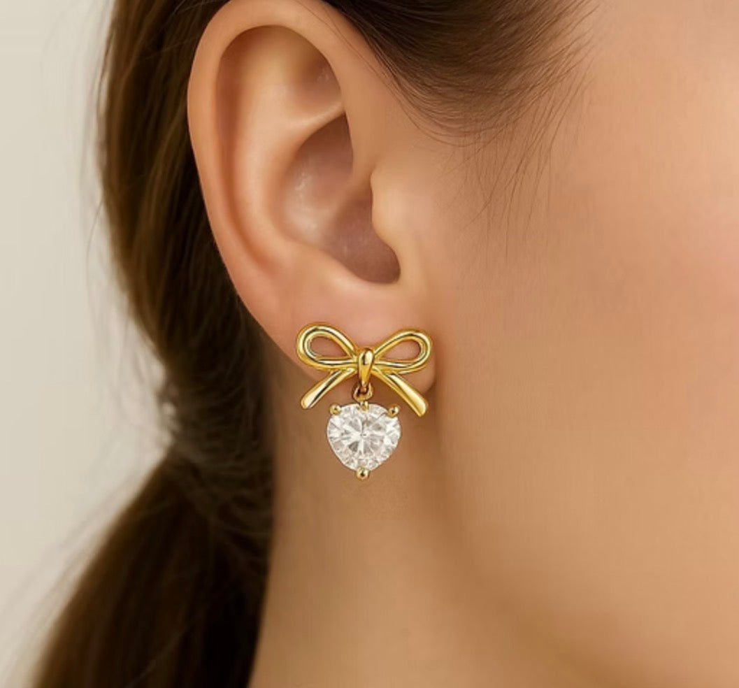 Bow Heart Drop Stud Earrings