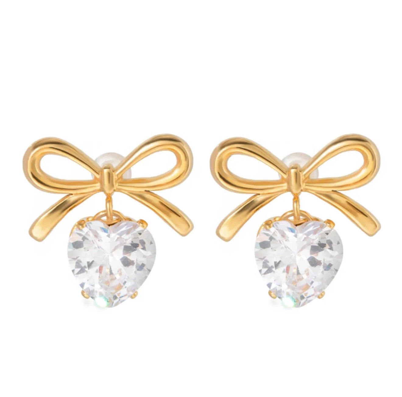 Bow Heart Drop Stud Earrings