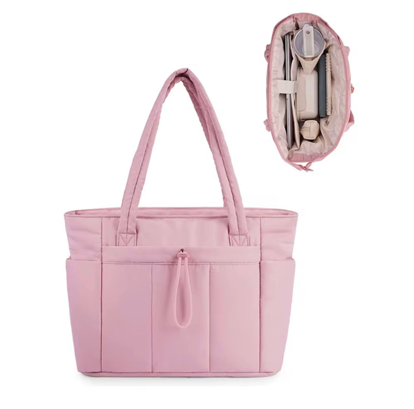 Puffer Tote Bag with Cup Holder & Laptop Compartment
