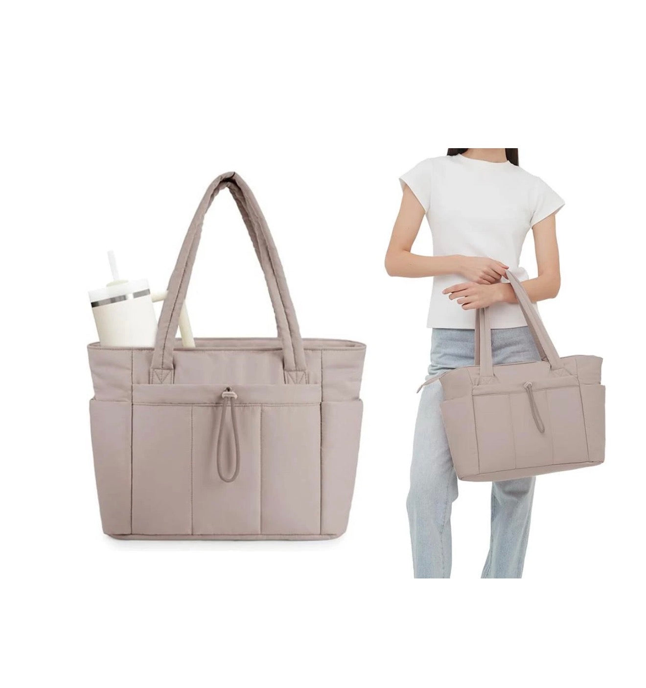 Puffer Tote Bag with Cup Holder & Laptop Compartment