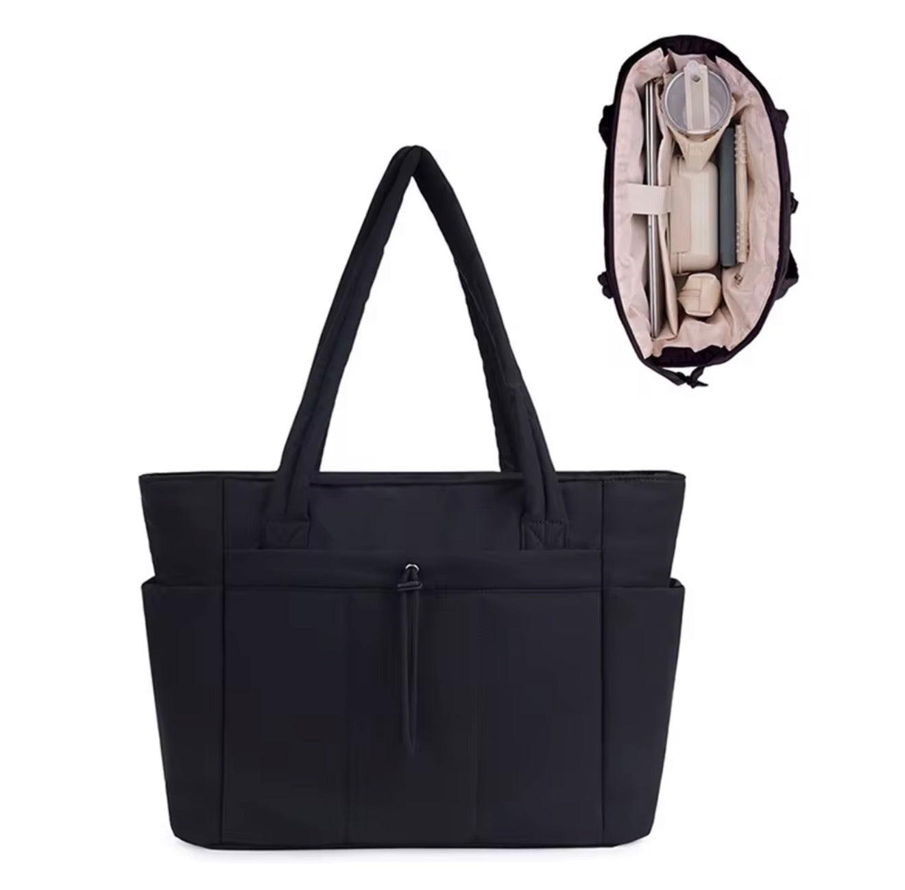 Puffer Tote Bag with Cup Holder & Laptop Compartment