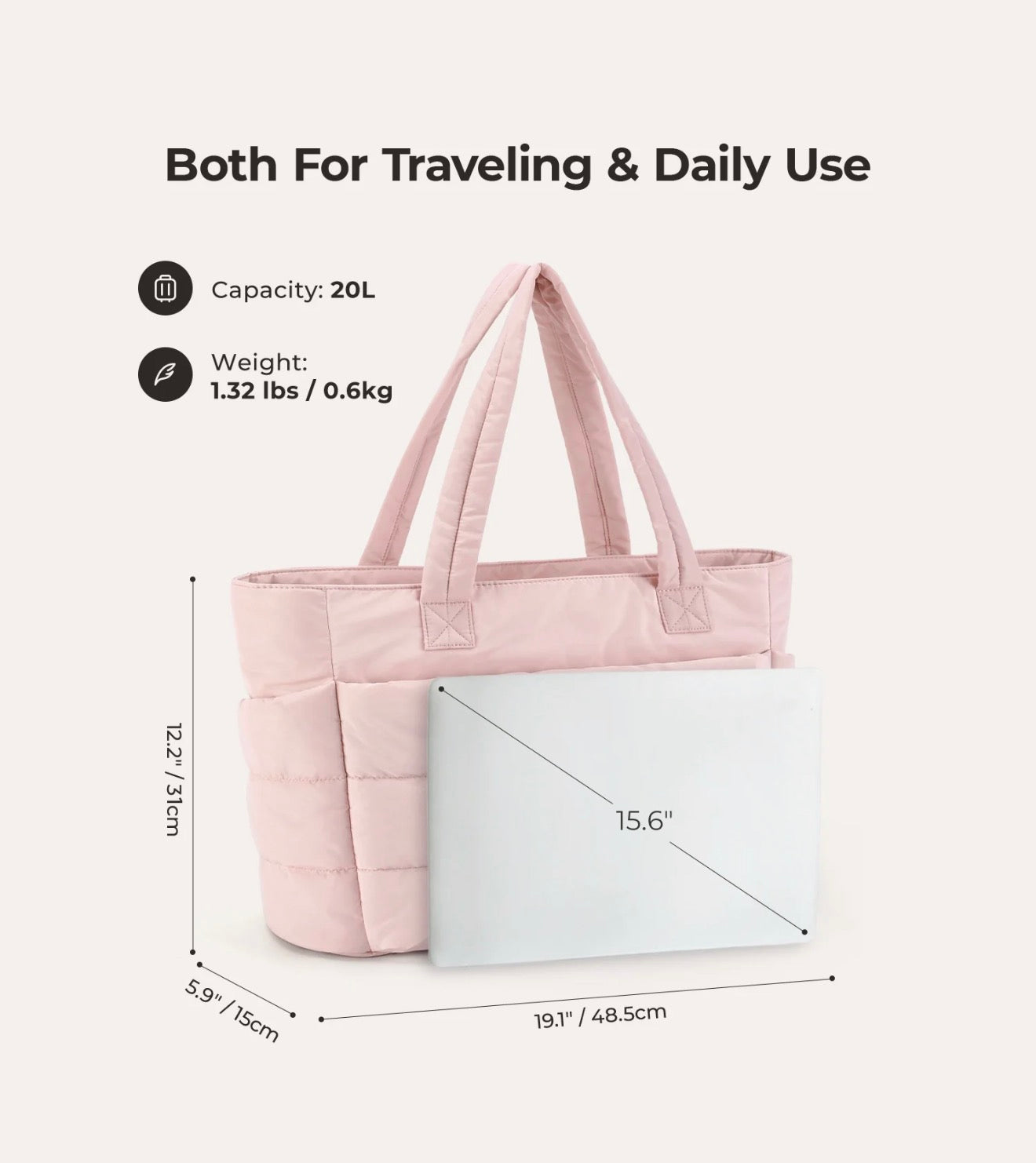 Puffer Tote Bag with Cup Holder & Laptop Compartment