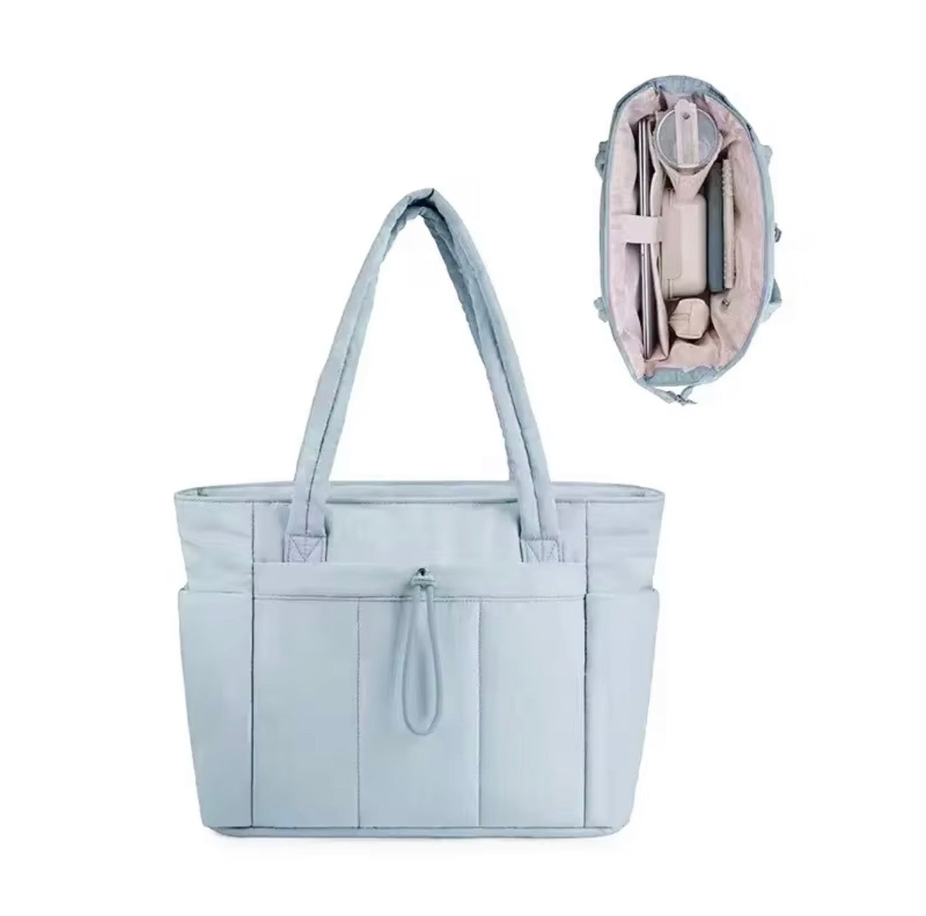 Puffer Tote Bag with Cup Holder & Laptop Compartment
