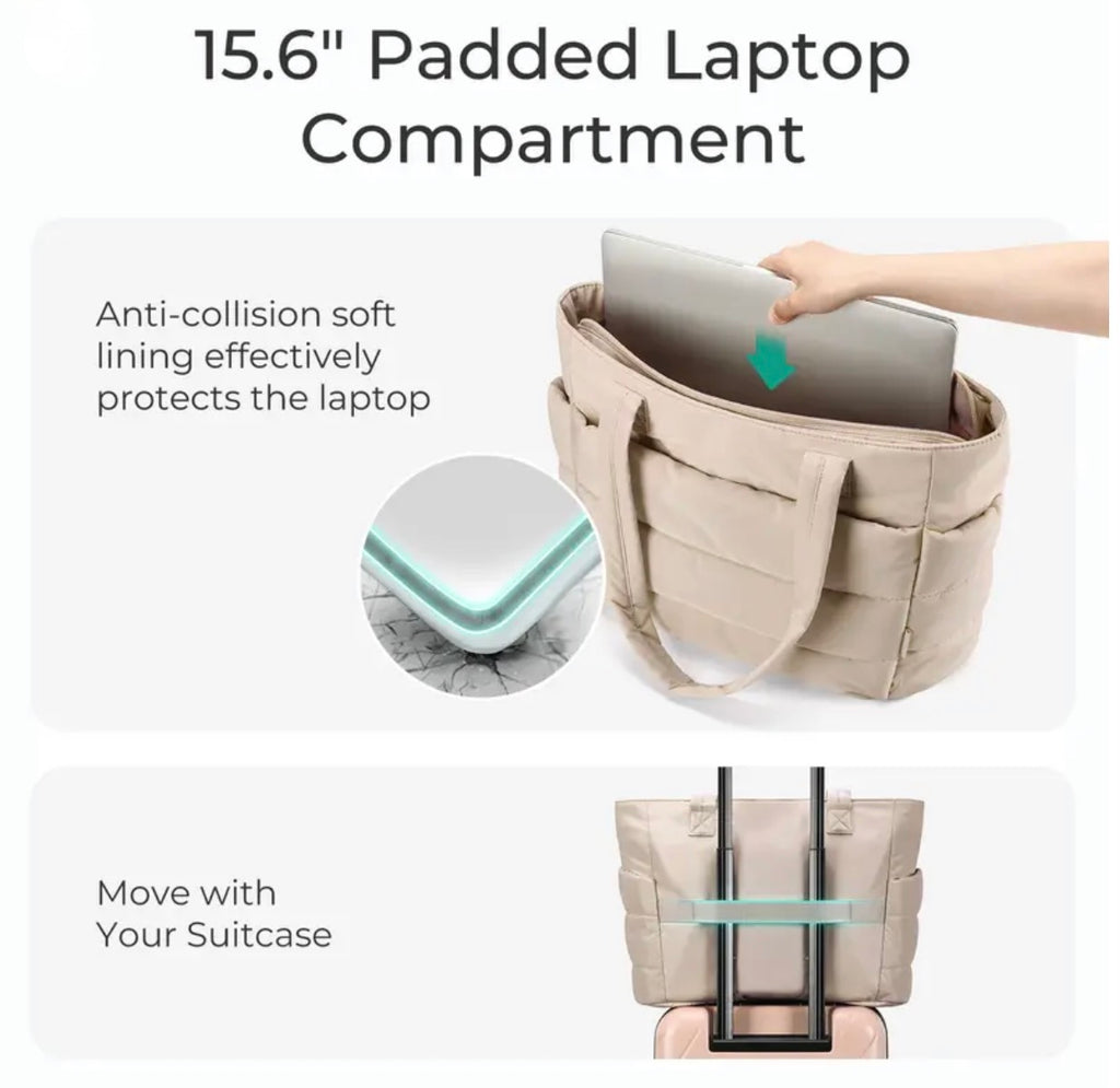 Puffer Tote Bag with Cup Holder & Laptop Compartment