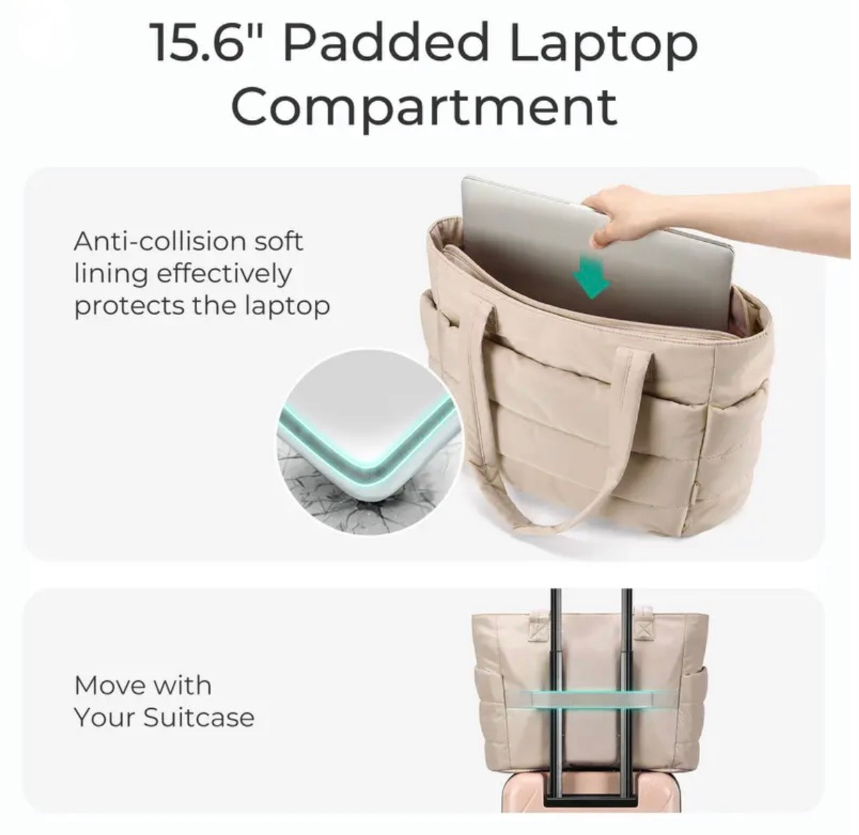 Puffer Tote Bag with Cup Holder & Laptop Compartment