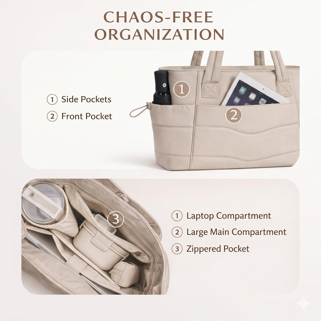 Puffer Tote Bag with Cup Holder & Laptop Compartment